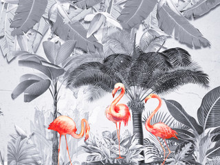 Fototapeta Czarno - białe Tropikalne Liście, Różowe Flamingi