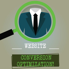 Poster - Conceptual hand writing showing Website Conversion Optimization. Business photo text System for increasing website visitors Magnifying Glass Enlarging a Tuxedo and Label Tag Below