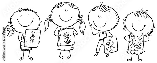 Kids presenting their drawings, black and white