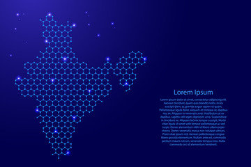 Wall Mural - India map from futuristic hexagonal shapes, lines, points  blue and glowing stars in nodes, form of honeycomb or molecular structure for banner, poster, greeting card. Vector illustration.