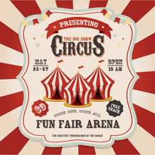 Circus Tent. Vintage Circus Banner With Bright Bulbs,dome Tent, Highlights, Gold Stars, Ribbon And Garlands. Fun Fair Vector Poster. Bright Retro Frame With Text.