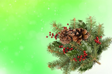 Canvas Print - Christmas greeting card with fir tree branches and cones, snow, berries, copy space