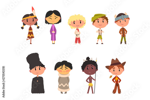 Kids In National Clothes Boys And Girls Cartoon Characters