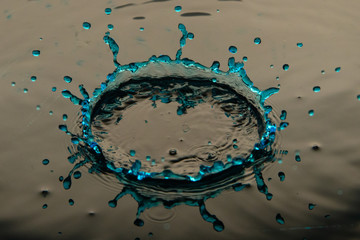 Blue splashes of water drops on background texture close-up