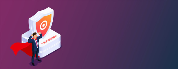 Poster - Protection concept. Man with super abilities or a hero is standing next to a shield. Protection of data or object. Vector 3d isometric illustration.