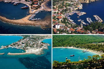 Wall Mural - arial view of group of Mediterranean seaside of Turkey images in a row