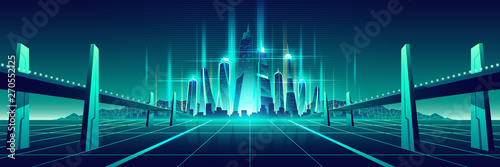 Fototapeta Science fiction metropolis, virtual world city cartoon vector