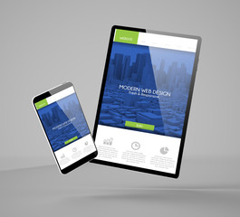 Canvas Print - flying smartphone and tablet with modern website landing page mockup