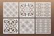 © raynv - Laser cut cabinet fretwork perforated panel in arabic style. Ornamental square panels template set for cutting exterior. Silhouette geometric pattern. Metal, paper or wood carving. Outdoor screen.