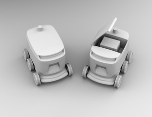 Wall Mural - Clay rendering of self-driving delivery robots. One's cover opened for picking parcels. 3D rendering image.