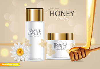 Wall Mural - Honey infused cream Vector realistic mock up. White bottles cosmetics. Product placement label design. Detailed 3d illustrations