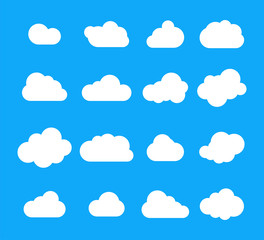 Poster - Cloud cartoon. Set of different cartoon clouds. Clouds on a isolated blue background. Vector