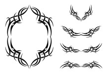 Set Of Five Tribal Tattoos (with Frame And Borders). Isolated Black Vector Illustration On White Background