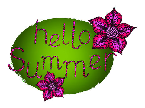 Hello Summer vector illustration with hand drawn letters and flowers with pearls and beads. Isolated colorful illustration
