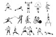 Men and women working out, cycling, professional figure skating, fencing, boxing, tennis game, sport activities set