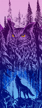 Graphic Silhouette Howling Wolf Standing On Stone With Big Owl In Forest. Line Art Style. Vector Nature Landscape Background In Blue And Violet Tones.