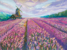 Pastel Painting On Paper  "Mill On The Lavender Field".  Decoration For Interior.