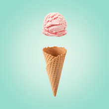 Pink Ice Cream Scoop With Ice Cream Cone On Bright Background. Minimal Summer Concept.