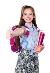 Poster - Portrait of cute smiling happy little school girl child teenager with finger up and backpack holding the books isolated