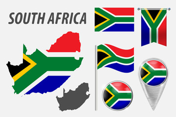 Canvas Print - SOUTH AFRICA. Collection of symbols in colors national flag on various objects isolated on white background. Flag, pointer, button, waving and hanging flag, detailed outline map and country inside fla