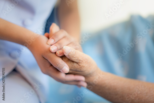 Fotomural Nurse sitting on a hospital bed next to an older woman helping hands, care for t