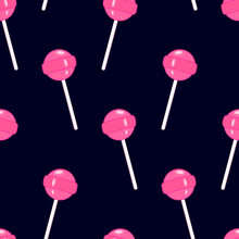 Seamless Pattern With Pink Lollipops Isolated On Black Background. Cartoon Retro Style Sweet Candy Vector Wallpaper.