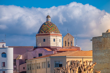 Wall Mural - Majolica tiled cupola of Jesuit church of San Michele, Alghero (L'Alguer), Sardinia, Italy.  Famous for the beauty of its coast and beaches and its historical city center.