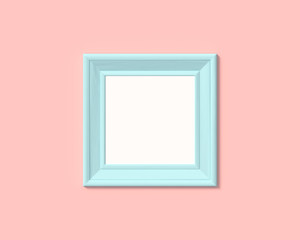 1x1 square picture frame mockup. Realisitc paper, wooden or plastic blue blank for photographs. Isolated poster frame mock up template on pink rose background. 3D render.