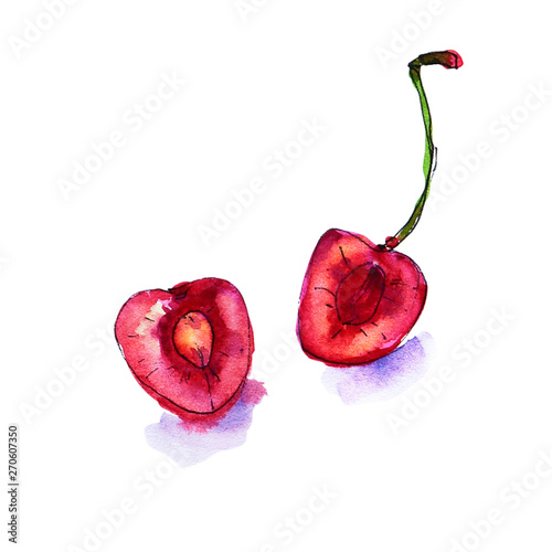 Watercolor beautiful red juicy cherries. Sketch drawing. Food background, pai...