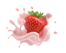 Strawberry Falling Into Pink Milk Or Yogurt Splash, 3d Illustration.