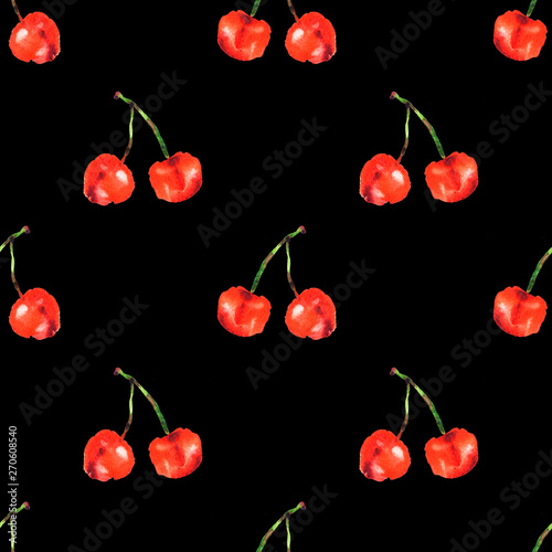 Watercolor seamless pattern from red juicy cherries. Sketch drawing. Food bac...