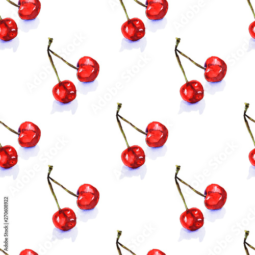 Watercolor seamless pattern from red juicy cherries. Sketch drawing. Food bac...