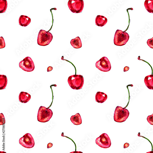 Watercolor seamless pattern from red juicy cherries. Sketch drawing. Food bac...