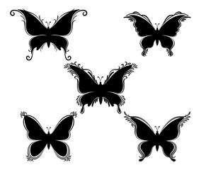 Wall Mural - Set Butterflies Monochrome Black Pictograms Isolated on White Background. Vector