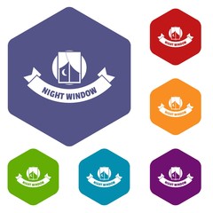 Poster - Night window icons vector colorful hexahedron set collection isolated on white 