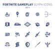 Popular epic game glyph icons. Vector illustration of military facilities. Blast Powder, air balloon, rockets, and other weapons. Solid flat design. Set 4 of blue icons isolated on white background