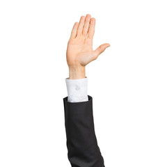 Wall Mural - Businessman hand in suit showing open palm gesture