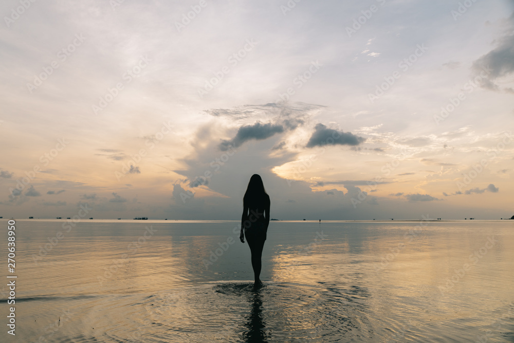 Silhouette of a beautiful woman on the beach Stock Photo | Adobe Stock
