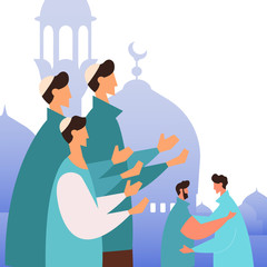 Wall Mural - Eid al-Fitr Mubarak greeting card. Muslim people feast of breaking the fast. Muslim community praying, give gifts, charity and congratulate each other.