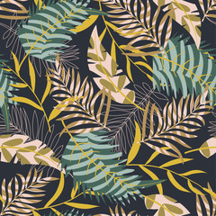 Summer seamless pattern with tropical leaves and plants on a dark background. Vector design. Jungle print. Textiles and printing.