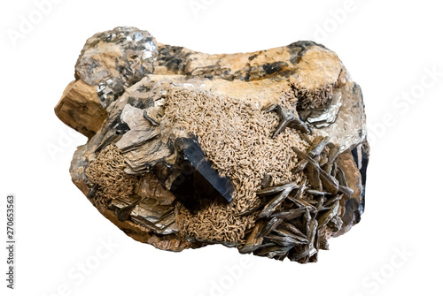 Fotografía conglomerate of morion, feldspar and mica crystals isolated on white background