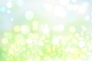 Abstract spring or summer flower background. Abstract delicate green flower background with beautiful flowers, sun lights and sun rays. Nice flower texture.