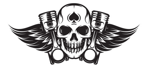 vector monochrome image on motorcycle theme with skull, wings, engine