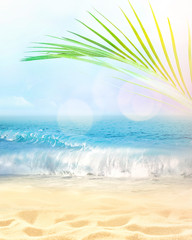 Summer beach background. Sand, palm leaf, sea and sky.