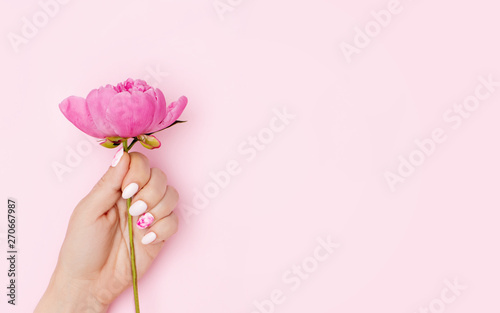 Εκτύπωση καμβά Woman hand with trendy nail art manicure holding peony flower on pink background