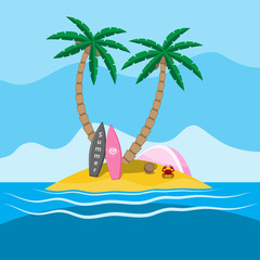 sea island with palm trees at which there are two surfing and tent, crab sand summer. vector graphics