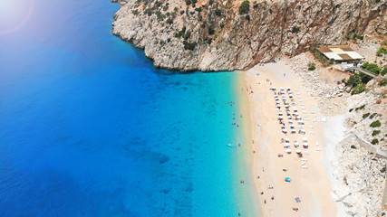 Aerial. Beautiful Kaputas beach with turquoise water, Turkey. Picturesque sea bay in southwestern Turkey. Top view.