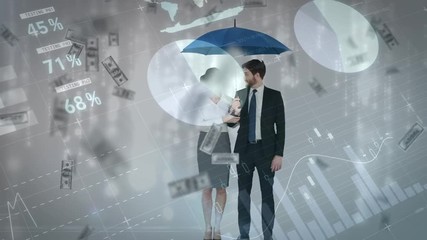Poster - Business couple holding up an umbrella while it rains money