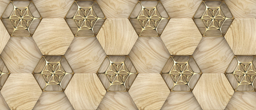 Wall Mural -  - 3D hexagon made of wood with gold decor. Material wood oak. High quality seamless realistic texture.