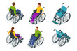 Isometric Wheelchair isolated. Man and Woman in Wheelchair. Medical support equipment. Health care concept.
